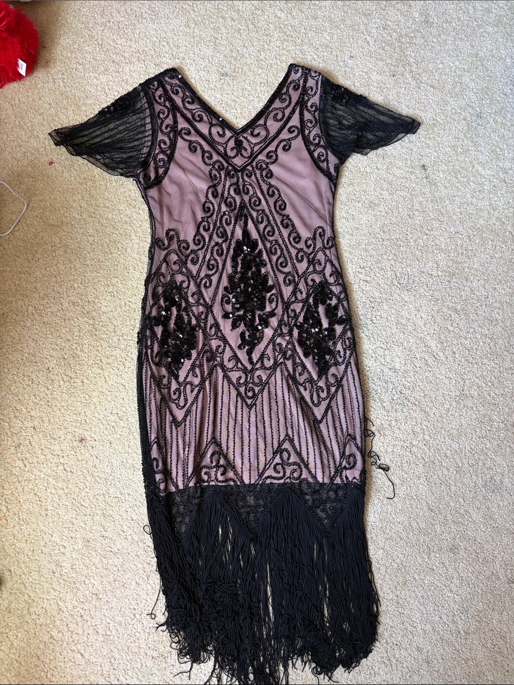 Black Beaded Fringe V-Neck Evening Dress